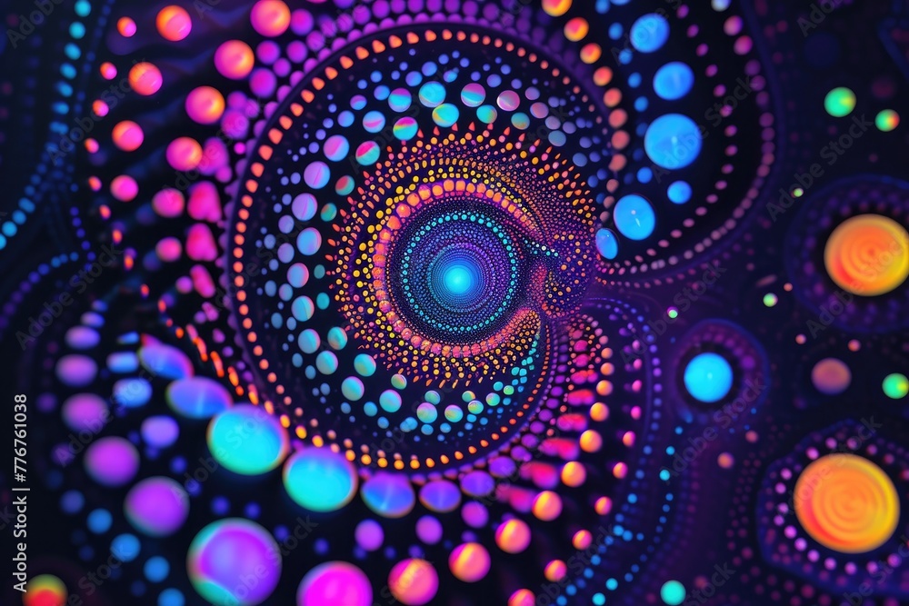 Fototapete Vibrant neon circles forming an intricate pattern, Dynamic display of neon circles creating an elaborate and mesmerizing pattern.