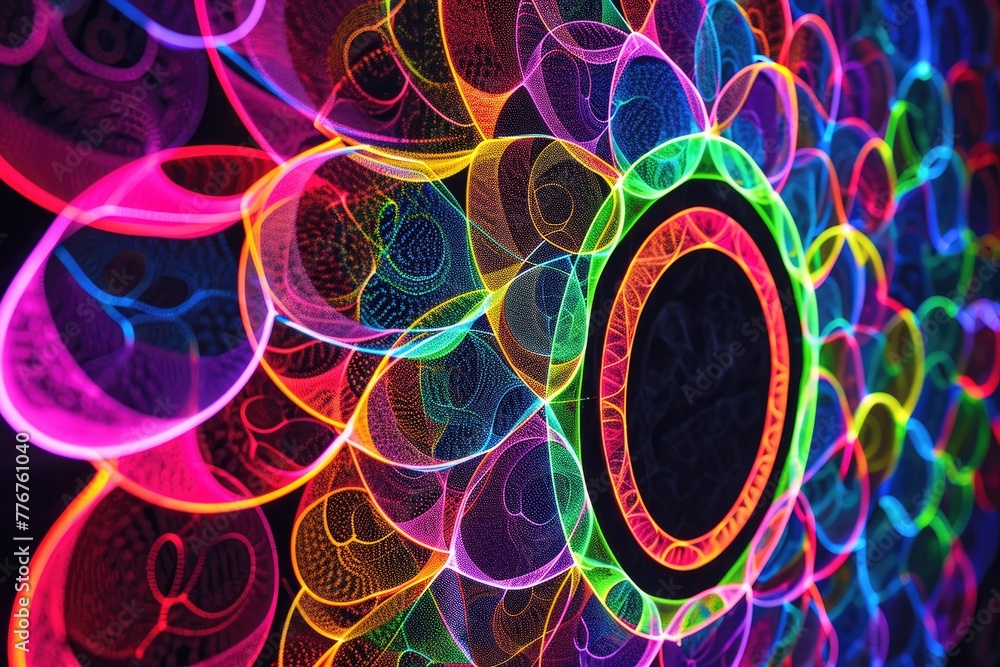 Poster Vibrant neon circles forming an intricate pattern, Dynamic display of neon circles creating an elaborate and mesmerizing pattern.