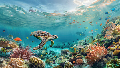 Naklejka na ściany i meble A sea turtle swimming gracefully in the crystal clear waters of an underwater coral reef, surrounded colorful fish and marine life