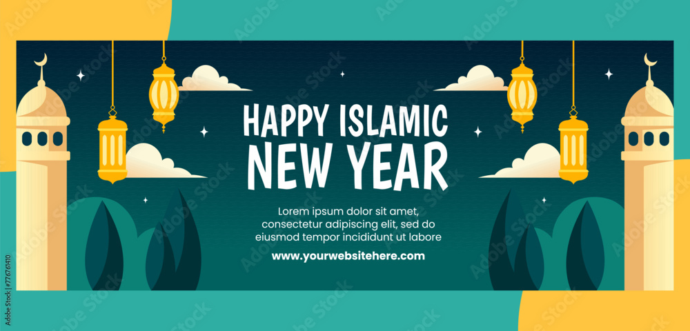 Wall mural Islamic New Year Cover Flat Cartoon Hand Drawn Templates Background Illustration