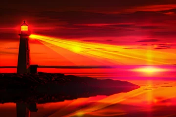 Tuinposter Neon orange lighthouse casting neon yellow light beams in a crimson sunset landscape isolated on black background © Neon Hub