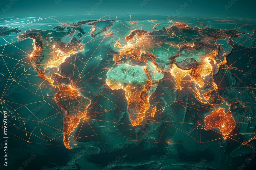 Poster global communication network concept with digital connections lighting up world map