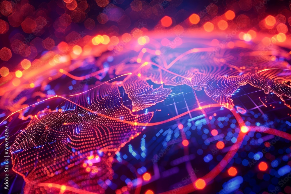 Aufkleber global network connectivity concept with digital nodes and glowing fiber optics on dark background i