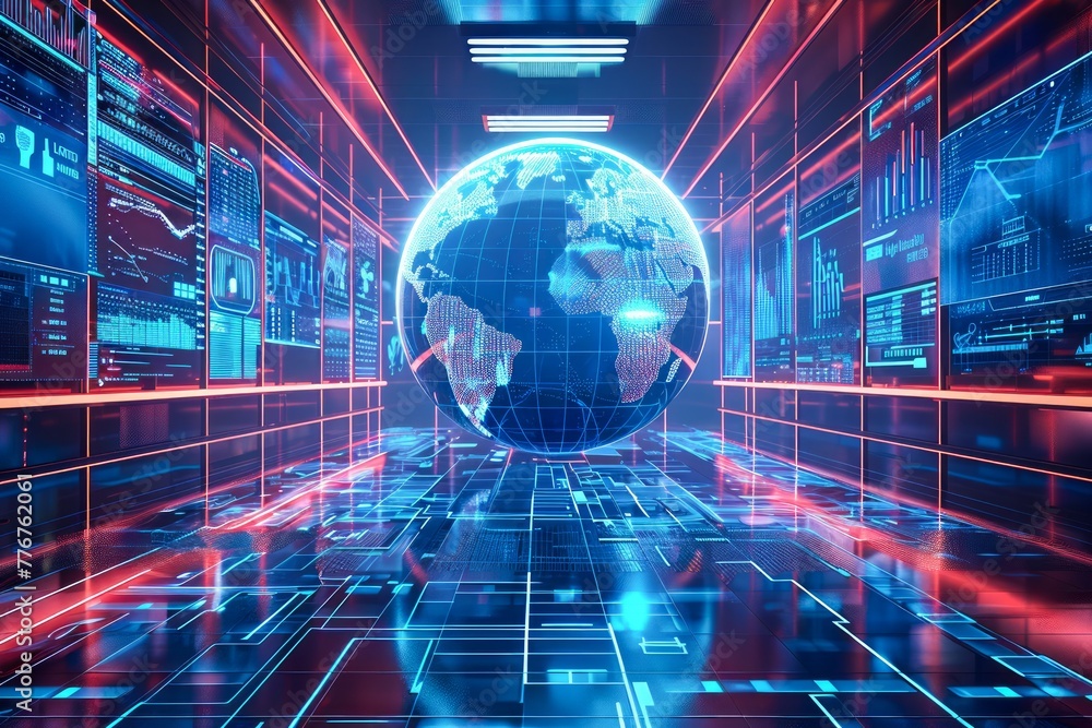 Aufkleber futuristic digital global network in a cybernetic space with high speed data lines and holographic e