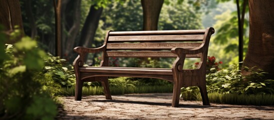 Naklejka premium Located in a green park, a solitary wooden bench stands amidst the natural surroundings