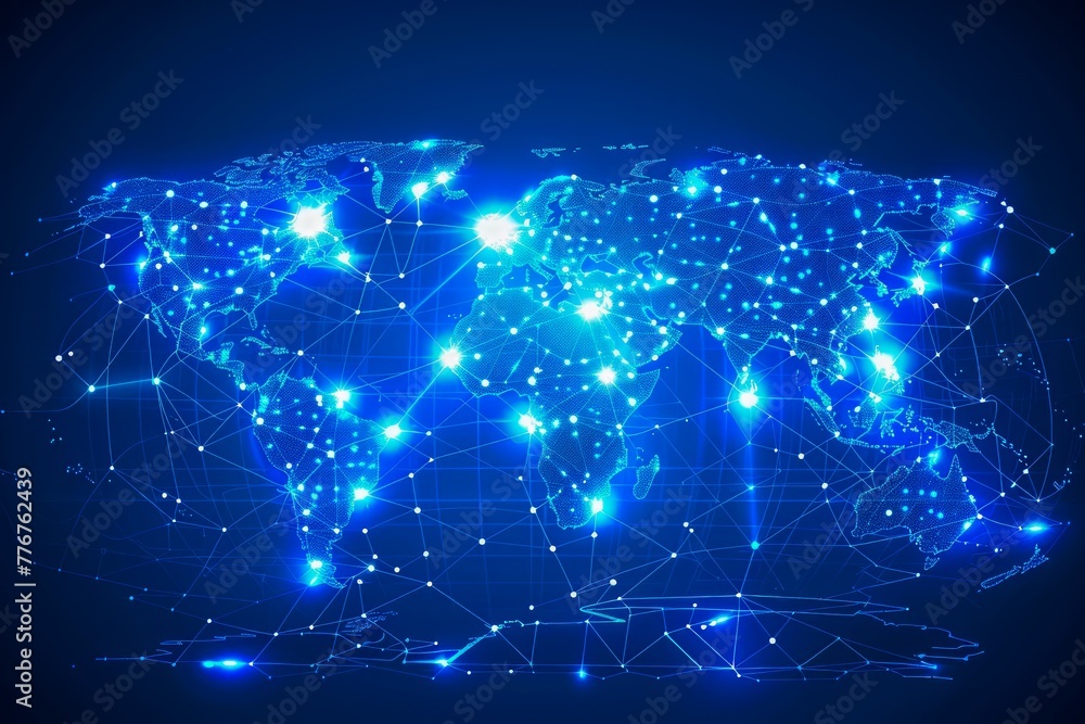 Poster global network concept blue digital map of the world with glowing nodes and connections