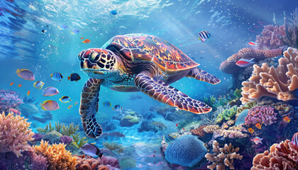 Naklejka na ściany i meble A sea turtle swimming gracefully in the crystal clear waters of an underwater coral reef, surrounded colorful fish and marine life
