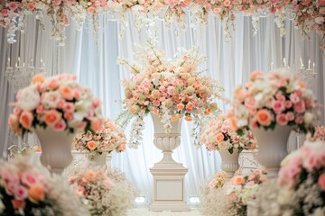 Wedding background with a romantic setting and elegant decor, Enchanting wedding ambiance featuring a romantic setting and sophisticated decor.