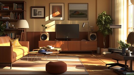 A cozy living room with retro style furniture, featuring an old-fashioned television and bookshelves filled with classic books. The warm sunlight filters through the window casting  shadows on floor - obrazy, fototapety, plakaty