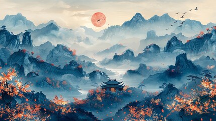 Traditional Chinese landscape painting. Traditional Chinese pattern background, heavy rain in the rainy season, flying swallows, distant mountains and rivers. Generated AI. - obrazy, fototapety, plakaty