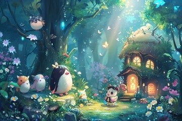 Whimsical cute background featuring animated characters in a fantasy world, Playful and enchanting background showcasing animated characters in a whimsical fantasy setting. - obrazy, fototapety, plakaty