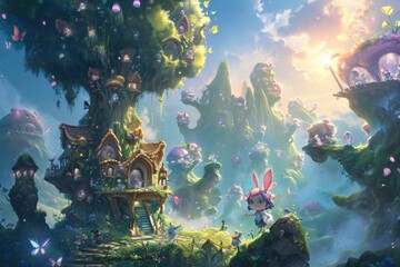 Whimsical cute background featuring animated characters in a fantasy world, Playful and enchanting background showcasing animated characters in a whimsical fantasy setting.