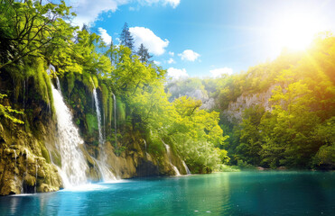 A stunning view of the Krka National Park in Croatia, showcasing its lush greenery and waterfalls under bright sunlight