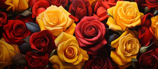 Vivid close-up image showing a bunch of beautiful red and yellow roses with delicate petals and vibrant colors
