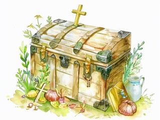 A delightful watercolor illustration of the Bible as a treasure chest filled with symbols of faith