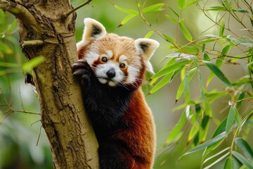 Adorable red pandas climbing trees in bamboo forests, Charming scene of red pandas playfully...