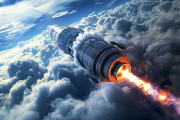A rocket soars from Earth into space, science concept. Generative AI - obrazy, fototapety, plakaty