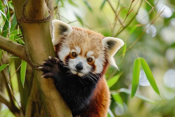 Adorable red pandas climbing trees in bamboo forests, Charming scene of red pandas playfully navigating bamboo forests