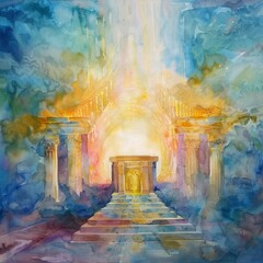 Soft watercolor painting of the tabernacle with the Ark of the Covenant at its heart