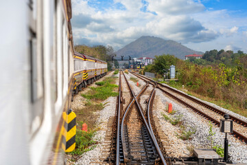 Railway arrows transitions station way, landscape beautiful view out of window riding train among...