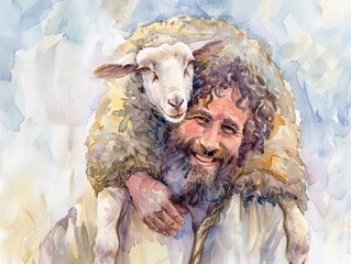 Watercolor rendition of the parable of the lost sheep with a single