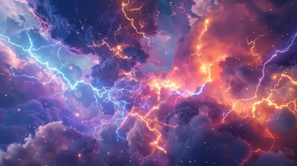 Dancing bolts of lightning discharge creating a vibrant technicolor sky. - obrazy, fototapety, plakaty