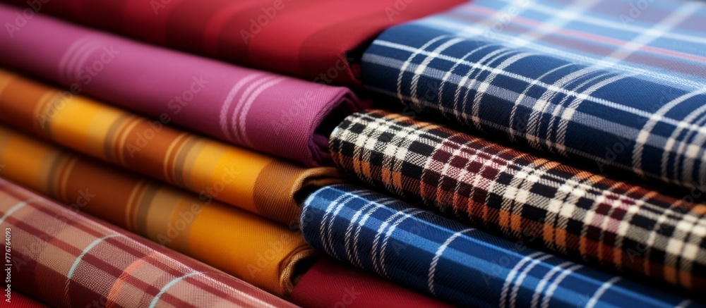Poster assorted pile of various colored plaid fabric pieces on a surface, showcasing a mix of patterns and 