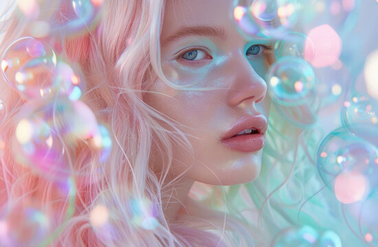 A beautiful woman with pastel hair, a white tshirt and soft pink lipstick is posing in front of a background made up entirely of iridescent bubbles