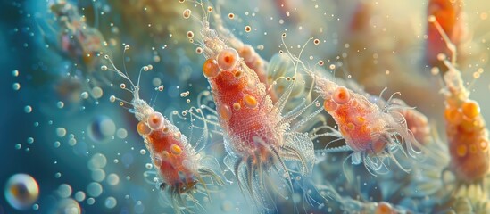Tireless Rotifers Feeding on Microscopic Particles A Microcosm of Aquatic Life and Survival - obrazy, fototapety, plakaty