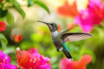 Fototapeta premium Captivating and colorful hummingbirds flitting among flowers, Enchanting scene of vibrant hummingbirds darting among blooming flowers.