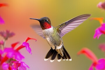 Fototapeta premium Captivating and colorful hummingbirds flitting among flowers, Enchanting scene of vibrant hummingbirds darting among blooming flowers.