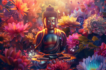 glowing golden buddha decorated with flowers - obrazy, fototapety, plakaty