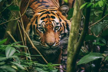 Realistic photo of a tiger among the plants in the jungle