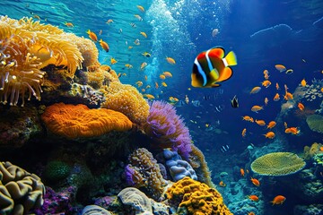 Coral reef wonders Colorful underwater scenes teeming with marine life, Breathtaking underwater vistas showcasing vibrant coral reefs bustling with marine biodiversity.