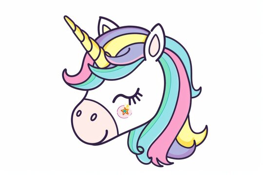 Cartoon cute doodles of a joyful unicorn's face with a horn and a rainbow mane, Generative AI