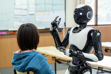 Photo of an AI robot teaching students in an office, using gestures to emphasize its training role. The scene is set against the backdrop of a whiteboard and desks with a human teacher