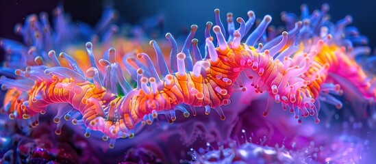 Vibrant Coral Polyp Reaching for Plankton in a Colorful Underwater Ecosystem - obrazy, fototapety, plakaty