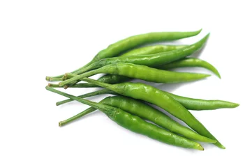 Fotobehang Green chillies isolated on white background. Concept, food ingredient for cooking. Spicy taste. Agriculture crops, organic vegetable has health benefits qualification.         © Sanhanat
