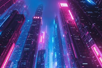 Cyberpunk cityscape with towering neon-lit skyscrapers, Futuristic urban scene characterized by towering skyscrapers illuminated with vibrant neon lights,