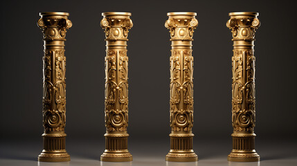 Four antique pillars ancient columns with golden decoration isolated black background - obrazy, fototapety, plakaty