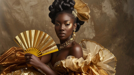 With a delicate fan in hand and wearing a lavish gown fit for a queen a black woman exudes sophistication and nobility as she embodies the essence of Empress Elegance in this portrait. .