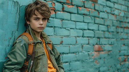 A boy in a vintage green bomber jacket, styled with Y2K-inspired accessories, standing against a teal brick wall.