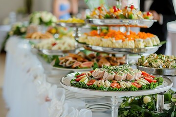 Catering buffet food indoor in luxury restaurant with meat colorful fruits and vegetables.