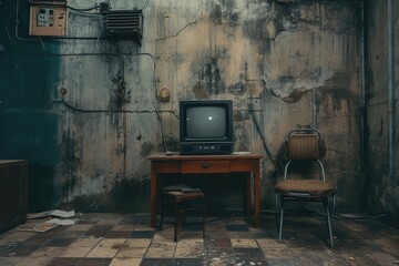 Old television on a old room with a chair, old tv on a table and destruction room