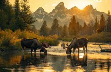 Papier Peint photo Chaîne Teton Two moose drinking water from the river in Grand Teton National Park, USA