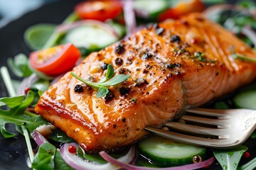 Delectable Salmon Fillet Surrounded by Fresh Greens and Vegetables on a Serving Fork
