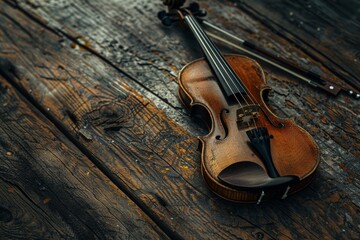 Fototapeta na wymiar An antique violin rests on aged wood, its rich history and timeless elegance captured in a still life, evoking musical nostalgia and artistic beauty.
