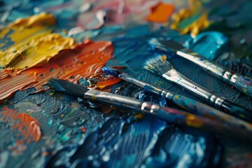 Vivid close-up of oil paint and brushes on a palette, symbolizing creativity and the artistic...