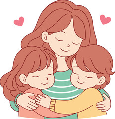 Cute kawaii Mother Holding Daughter and Son cartoon character vector illustration, Happy Mother's day illustrations