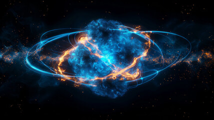 a glowing blue atom with energy lines emanating from it, black background,generative ai
